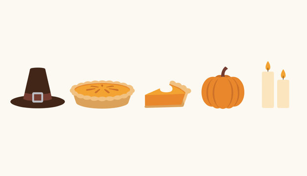 Flat style Thanksgiving icon collection featuring a pilgrim hat, a whole pumpkin pie, a slice of pie, a pumpkin, and candles.