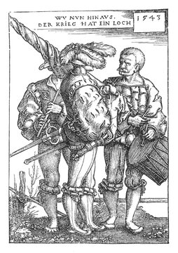 Three Landsknechts in Renaissance attire with feathered hats and swords, one carrying a drum, old vintage illustration, 1894.