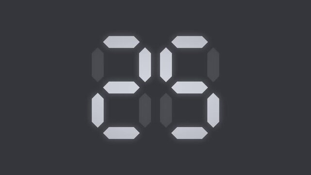 Gray 30 second digital LED countdown timer, seven segment display animation from 30 to 1