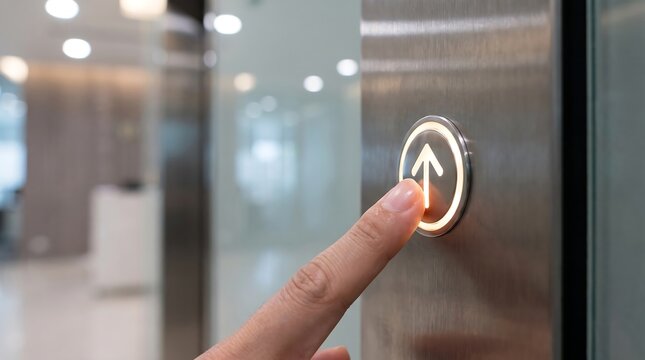 A close-up shot of a person's finger pressing the illuminated up arrow button on a modern elevator panel.