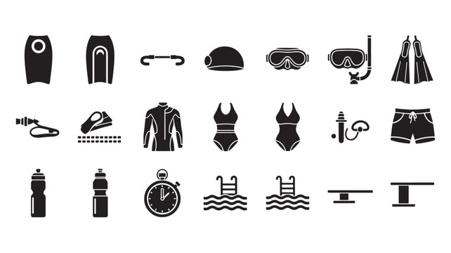 Black and white icons of water sports and diving equipment.
