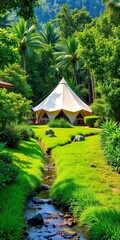 Obraz premium Tented haven amidst lush greenery, meandering creek, camping, tranquility