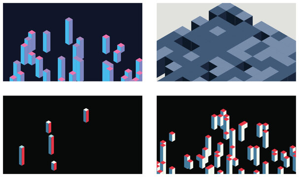 Minimalist digital representation of rising bar charts using geometric blocks in cool grey and blue tones