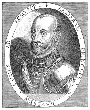 Lamoral, Count of Egmont, in armor with ornate collar and oval frame, old vintage illustration, 1894.
