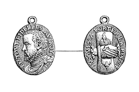 Beggar's Medal, 1566, with Philip II profile and clasped hands, old vintage illustration, 1894.