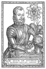 Don John of Austria in ornate armor with plumed helmet and double-headed eagle emblem, old vintage illustration, 1894.