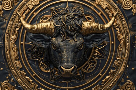 Concept of Taurus zodiac sign symbol, abstract vivid composition consists of fictional unreal fantastic vision on background