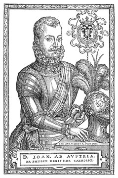 Don John of Austria in ornate armor with plumed helmet and double-headed eagle emblem, old vintage illustration, 1894.