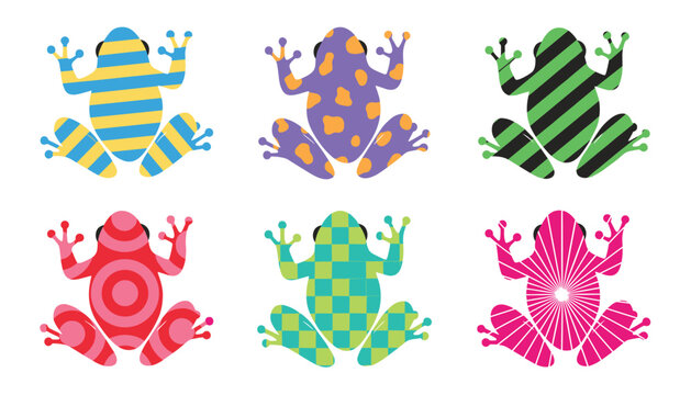 Colorful decorative frogs with various geometric patterns of stripes spots circles and checkers are shown on a white background.