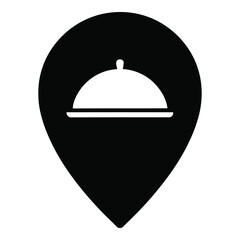 Fototapeta premium Black map pin icon with white food cloche inside on white background icon