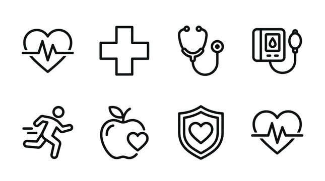 Medical healthcare and wellness icons set with heartbeat stethoscope and fitness elements linear vector for clinical mobile app design