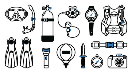 Scuba diving equipment and professional underwater exploration gear icons in minimalist line art style for technical dive center branding © yufita