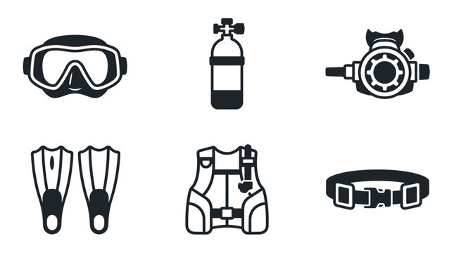 Scuba diving technical gear icons featuring regulator tank and bcd vest in minimalist vector style for professional underwater adventure branding