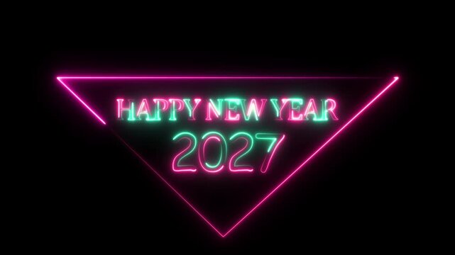 New year 2027 text icon animation glowing neon purple color number anniversary template banner sign signboard holiday code digit rectangle box font letter word on black background 4K video.