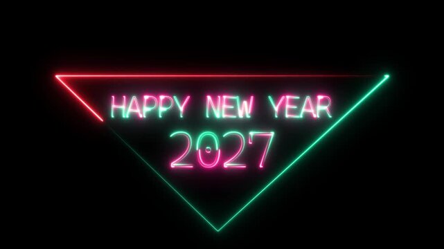 New year 2027 text icon animation glowing neon purple color number anniversary template banner sign signboard holiday code digit rectangle box font letter word on black background 4K video.