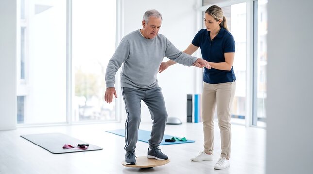 A physical therapist assists an elderly man with balance exercises on a wobble board in a bright, modern rehabilitation center.