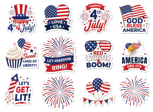 Fourth of July Patriotic Sticker Design Set, USA Independence Day Vector Stickers Collection with American Flag, Fireworks, Freedom Quotes.