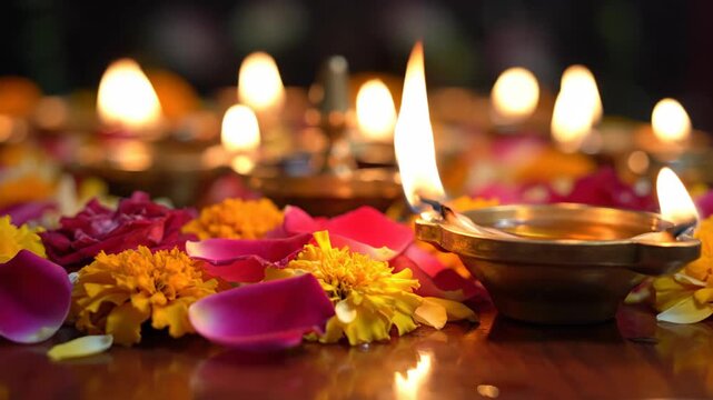 Brass oil lamps with flower petals for Diwali celebration