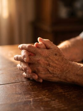 Deeply textured elderly hands clasped on old wooden table in warm sunlight, wisdom and reflection concept