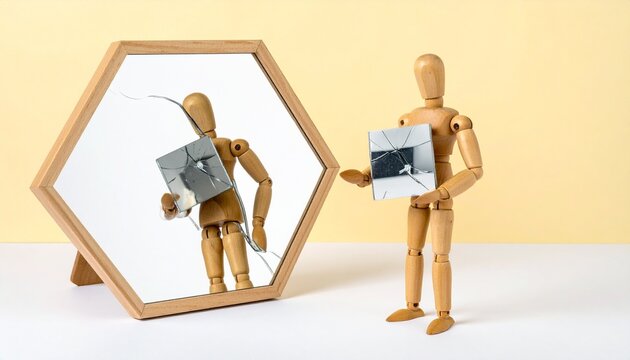 Wooden Artist Mannequin Holding a Shattered Mirror Piece Reflected in a Hexagonal Mirror with Cracked Glass Over a Pastel Yellow Background
