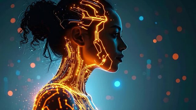 Digital portrait of a woman's profile, featuring circuit-like patterns glowing on her body