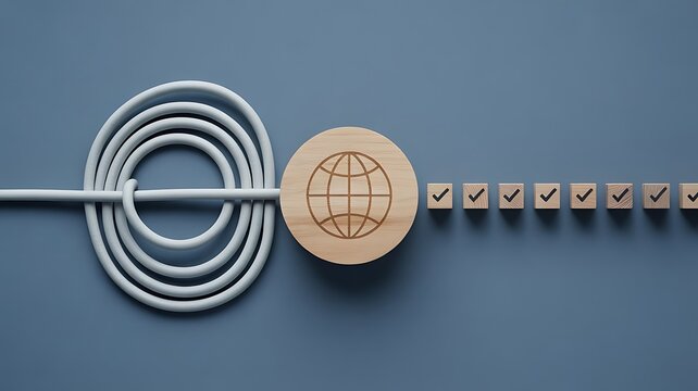 Global network efficiency concept with tangled cable coil and row of checked wooden blocks for streamlined data management and organization