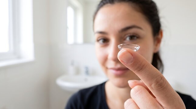 A young woman holds a contact lens on her fingertip, preparing to insert it into her eye for vision correction.