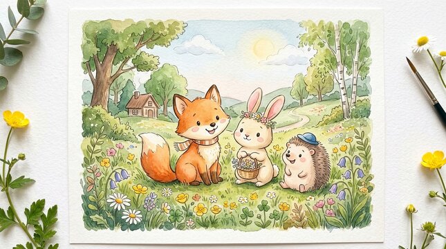 Cute watercolor illustration of a fox bunny and hedgehog in a floral meadow scene