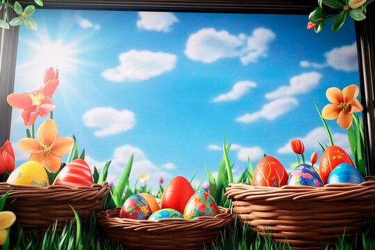 Colorful eggs nest in baskets under the warm glow of a setting sun surrounded by blooming flowers