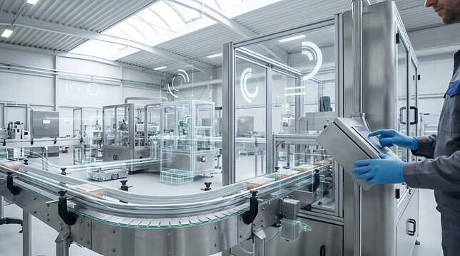 Factory worker uses digital interface on automated production line