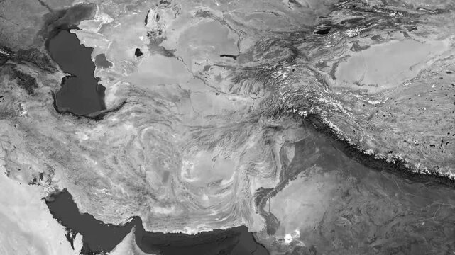 Afghanistan country map zoom with national flag overlay and glowing border line on dark monochrome world atlas