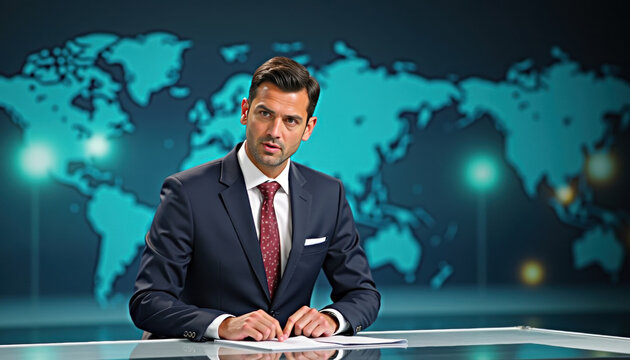 Television news anchor presenting global news at modern broadcast desk with world map backdrop for newsroom live reports, media briefings, headlines and international coverage