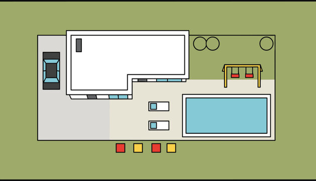 Architectural site plan layout of a modern family house with a blue swimming pool green lawn and swings from top view.