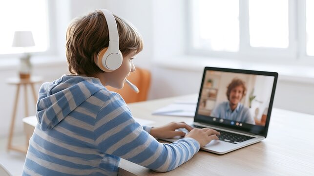 Young boy video conferencing on laptop with headphones