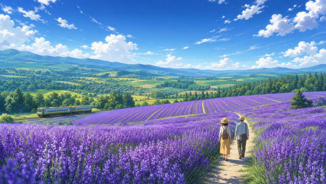 Lavender field with walking couple, train passing by, green hills and blue sky with clouds creating peaceful summer landscape