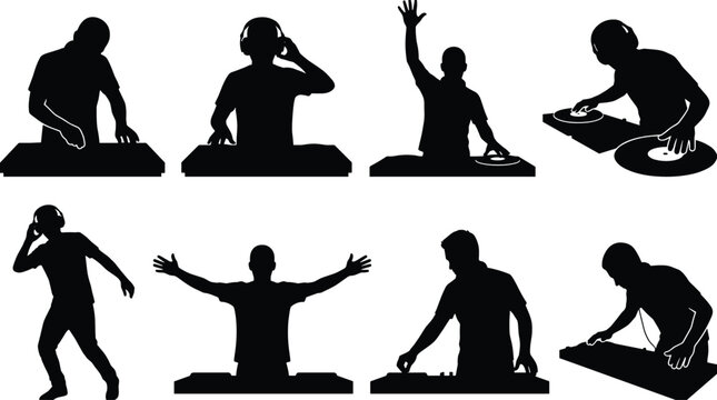 Disc jockey black silhouette icons set with DJs playing music on mixers isolated