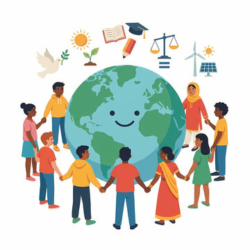 Diverse group children holding hands around smiling earth planet illustration.