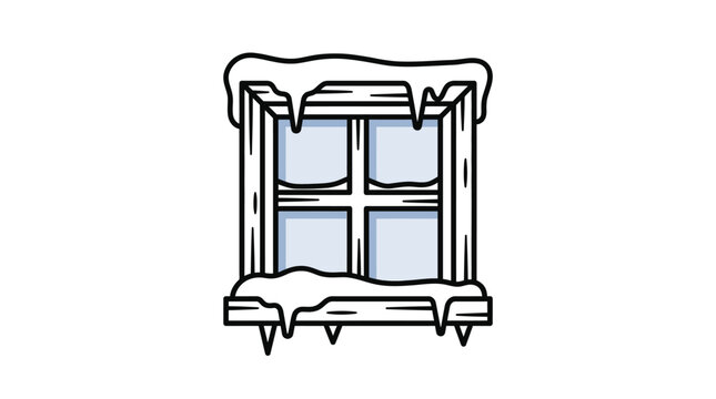 Winter frozen window with thick snow caps and icicles minimalist vector illustration for home insulation and seasonal real estate marketing