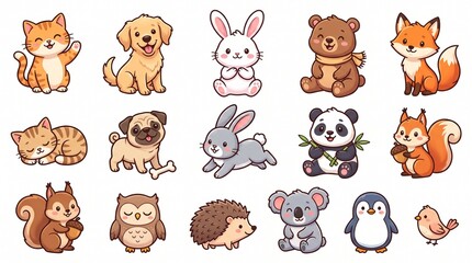 Fototapeta premium Cute Animal Clipart Collection with Forest and Pet Characters