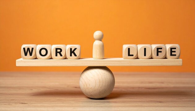 Work Life Balance Concept Featuring Wooden Seesaw Balanced on a Sphere with Wooden Blocks Spelling Work and Life and a Peg Figure in the Middle