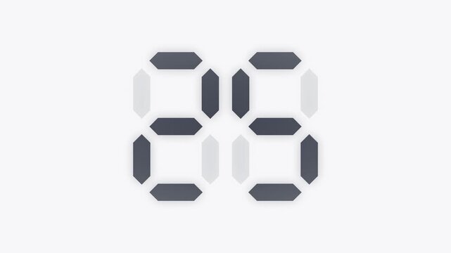 White 30 second digital LED countdown timer, seven segment display animation from 30 to 1