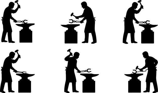 Silhouettes of a blacksmith working with a hammer and anvil vector illustration