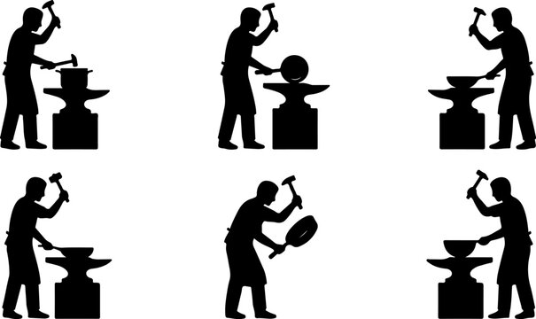 Set of blacksmith silhouettes working with metal on an anvil vector illustration
