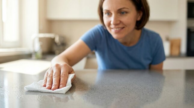 A woman wipes the kitchen countertop with a cloth. The sunlight shines through the window. She seems happy as she cleans the space