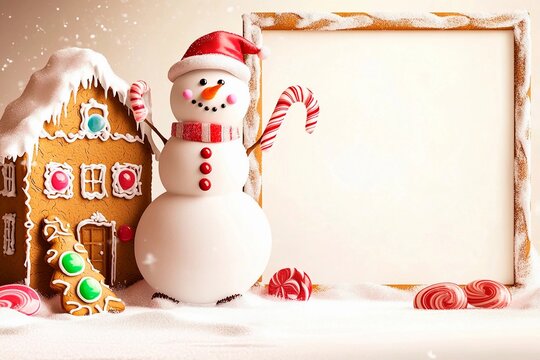 Snowman decorated with candy canes and gumdrop buttons beside gingerbread house