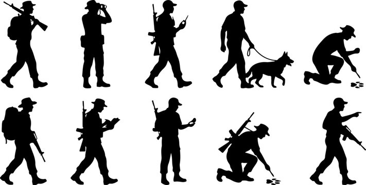 Set of silhouettes of soldiers and rangers in various poses vector illustration