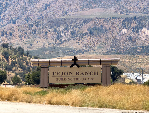 Tejon Ranch Entrance Sign Amid California Mountain Landscape in Lebec, CA.
