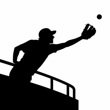 Black silhouette of a professional baseball outfielder wearing a cap and glove, stretching over a stadium outfield railing to catch a fly ball, isolated on white background vector illustration.