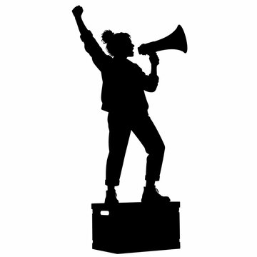 Black silhouette of a woman standing on a wooden crate holding a megaphone and raising her right fist in the air, conceptualizing protest, activism, speech, and social justice leadership.