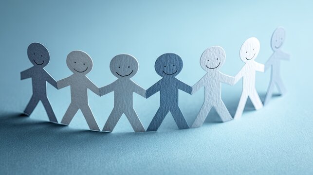 Blue gradient paper-cut hand-in-hand human silhouettes, balanced male and female crowd cutout illustration, teamwork diverse community equality humanistic background material